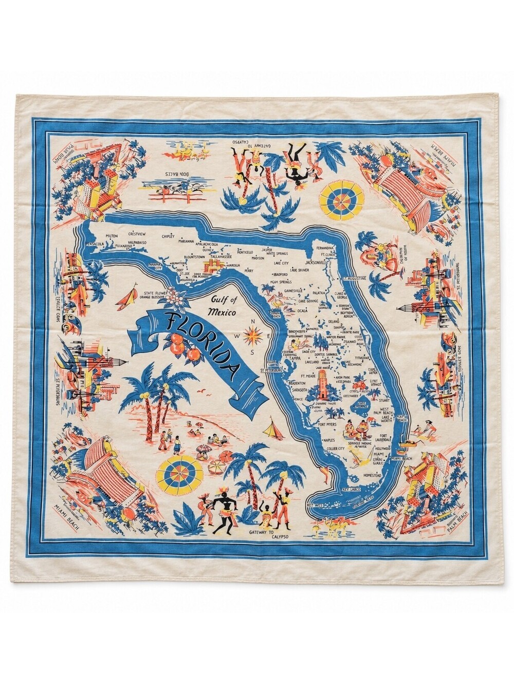VTG 50's Florida Map Souvenir Tablecloth To Calypso MCM Floridiana 51"x45"